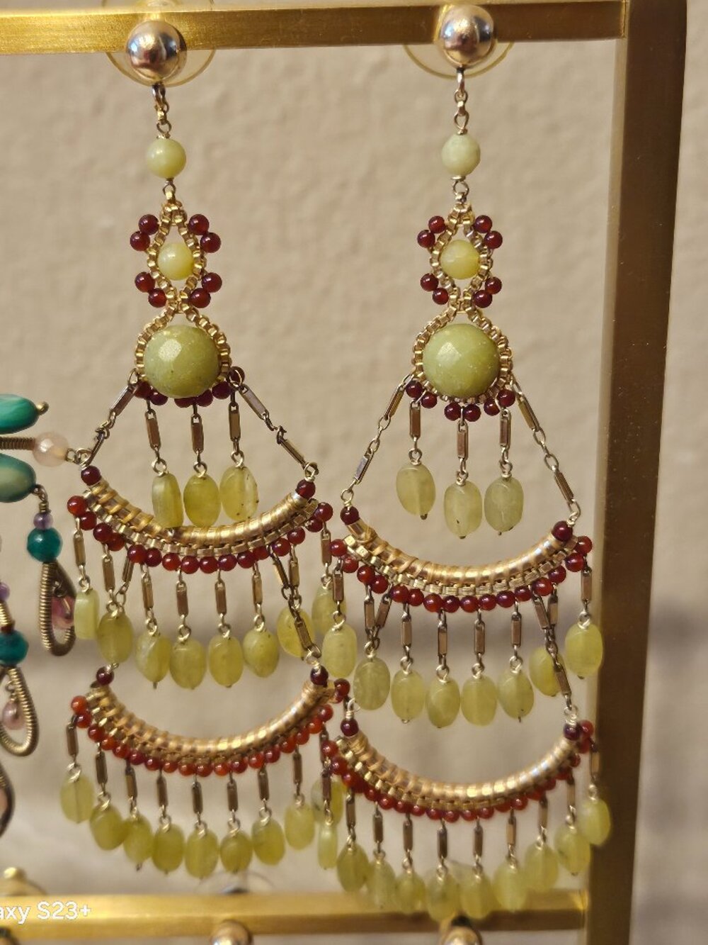 RARE DESIGNER MIGUEL ASES BOHEMIAN JADE GARNET STONE BEADED CHANDELIER EARRINGS
